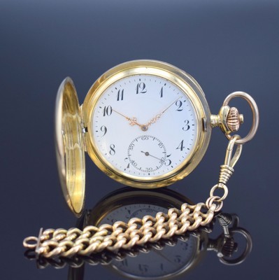 Savonette Herrentaschenuhr in GG 585/000 an GG 585/000 Chatelaine, Schweiz um 1930, glattes 3 Deckel Goldgeh., Emailzifferbl. m. arab. Std., verg. ...