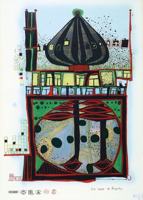 Friedensreich Hundertwasser, 1928-2000, Homo Humus Come Va, 10001 Nights, Farbserigraphie mit Metallfolienprägung, sign., num. 510/10001, ca. ...