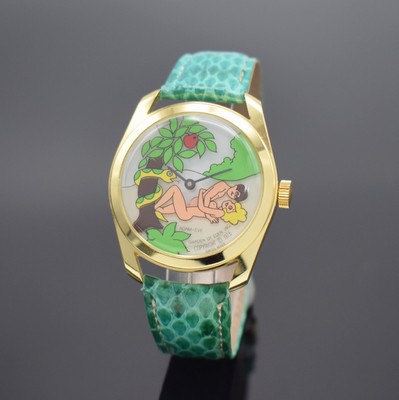 ADAM & EVE Armbanduhr mit beweglicher, erotischer Szenerie, Schweiz um 1975, Serie Garden of Eden, Handaufzug, verg. Gehäuse, Boden aufgedr., bunt ...