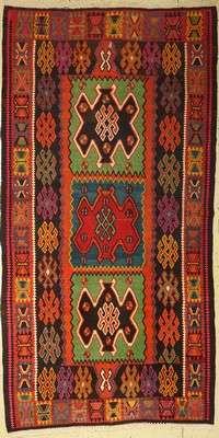 Azeri Kelim, Azerbaijan, ca. 60 Jahre, Wolle auf Baumwolle, ca. 340 x 175 cm, EHZ: 2-3, (kleines Loch)