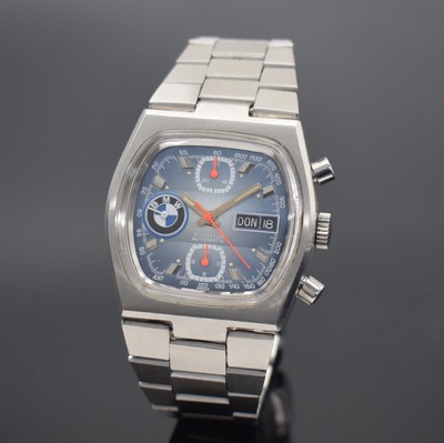 BMW Herrenarmbanduhr mit Chronograph, Schweiz um 1970, Automatik, Edelstahlgeh. inkl. neutr. Gliederband m. Faltschl., Boden verschr., hellblaues ...
