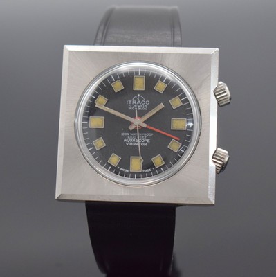 ITRACO Aquascope Vibrator Herrenarmbanduhr mit Wecker, Schweiz um 1965, Handaufzug, Edelstahlgeh., verschr. Boden, Krone f. Aufzug & Zeigerst. b. 4, ...