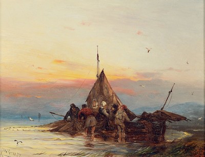 Carl Hilgers, 1818-1890 Düsseldorf, Studium an der Akademie Düsseldorf, bevorzugte niederländische und niederrheinische Motive, hier: Entladen des ...