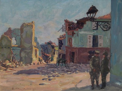 Carl Friedrich Felber, 1880 Wädenswil/Schweiz-1932 Dachau, zwei Soldaten in einer zerstörten Stadt, Öl/Lwd, links unten sign. Carl Felber-Dachau ...