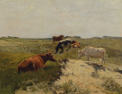 Hermann Baisch, 1846 Dresden-1894 Karlsruhe, Kühe auf der Weide, Öl/Malkarton, rechts unten signiert H. Baisch Knocke 1890, ca. 42x54cm, R. ca. ...