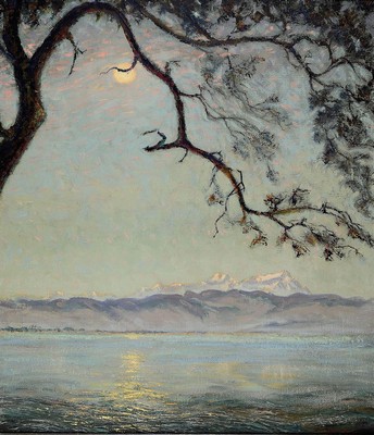 Max Brüning, 1887 Delitzsch-1968 Lindau, Vollmond über dem Bodensee, im Hintergrund die Alpen, Öl/Lwd, rechts unten signiert, ca. 80x70cm, R. ca. ...