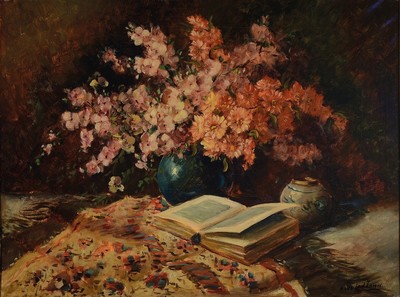 Hans ter Teman, Maler des 20. Jh., Stillleben mit Blumen, Vase und aufgeschlagenem Buch, Öl/Lwd, rechts unten signiert, ca. 60x80cm, R. ca. 70x90cm