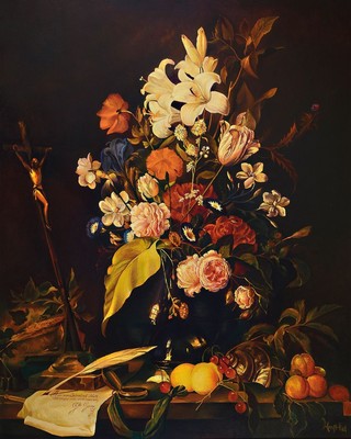 Ernst Hell, Künstler des 20.Jh.: Kopie nach Jan Davidsz de Heem (1606-1684), gefällige Kopie nach Blumenstillleben mit Totenkopf und Kruzifix (um ...
