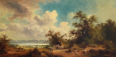 Andreas Mitterfellner, 1912 Holzkirchen - 1972 München, Öl/Holzplatte, Ernte am Chiemsee, re. u. signiert, ca. 20 x 40 cm