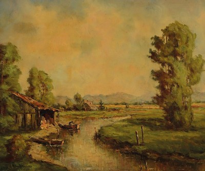 Arthur Shi...(?), wohl britischer Künstler des 20.Jh., Flusslandschaft mit Fischerkate und zwei Booten, aufgelockerter freier Duktus, links unten ...