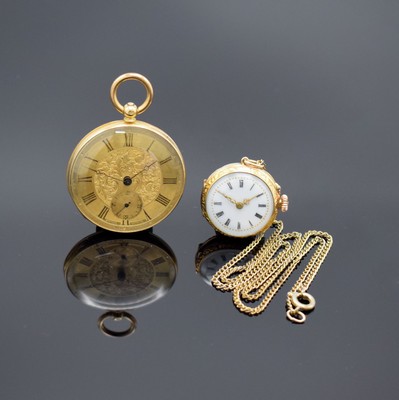 2 Damentaschenuhren in GG 750/000 mit Zylinderhemmungen, Schweiz um 1870/1880, 1x m. Metallcuvette & Monogramm, Email- & Metall-Zifferbl. m. röm. ...