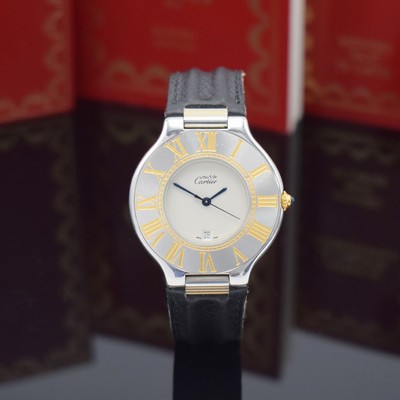 CARTIER Armbanduhr Linie 21, Schweiz um 2000, Edelstahlgeh. inkl. orig. Lederband m. orig. Faltschl., quarz, Lünette m. grav. röm. Std., gebl. ...