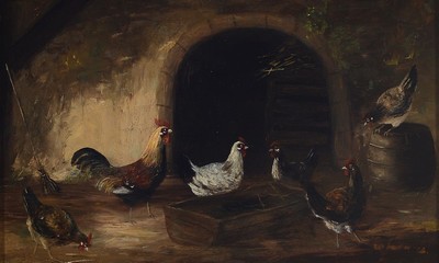 Unbekannter Künstler, Niederlande, 2. Hälfte 19. Jh., Hühner im Stall, Öl/Holz, ca. 17x27cm, R. ca. 34x44cm