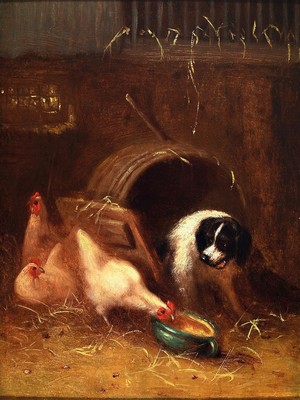 Unbekannter Künstler, deutsch, um 1900, Hund im Hühnerstall, Öl/Holz, ca. 27x20cm, R. ca. 45x38cm