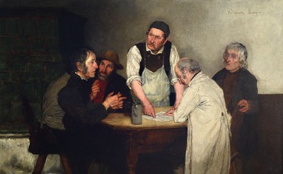 Alfons Spring, 1842 Libau-1908 München, 5 Männer am Tisch, diskutieren über ein Schriftstück, der Mann im weißen Kittel scheint zu vermitteln, ...