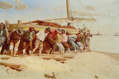 Kunz Meyer-Waldeck, 1859 Mitau - 1953 Schloß Neuburg, Münchner Schule, Gruppe aus Fischern ein Boot ins Meer schiebend, südliche Szenerie, ...
