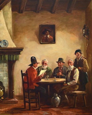 Josef Tippkemper, geb. 1892 Oelde, Fünf Männer am Tisch in der Stube, links ein Kachelofen, ÖL/Lwd, links unten signiert, ca. 50x40cm, R. ca. ...