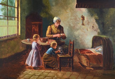 Willem Petrus Steggerda, 1907-1945, Mutter mit Kindern in der Stube, Öl/Lwd, rechts unten signiert, ca. 50x70cm, R. ca. 70x90cm