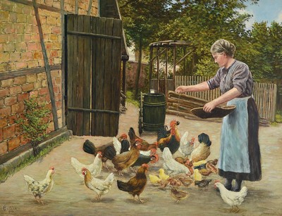 E. Oeltner, datiert 1940, Frau beim Hühner füttern, Öl/Malkarton, links unten signiert, ca. 68x88cm, R. ca. 80x100cm