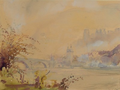 Carolus Vocke, 1899 Heilbronn-1979 Mannheim, Blick auf Heidelberg, das Schloß und die alte Brücke, Aquarell auf Papier, gebräunt, rechts unten ...