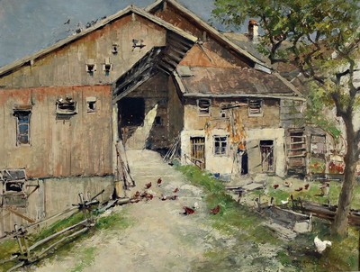 Otto Hellmeier, 1908-1996 Weilheim, Tennenauffahrt in Pähler Bauernhof, so rückseitig betitelt, Öl/Hartfaser, rechts unten signiert und dat. X.69, ...
