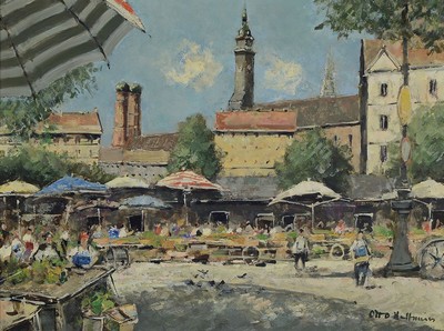 Otto Hellmeier, 1908-1996 Weilheim, München Viktualienmarkt, rückseitig so betitelt und dat. 1989, Öl/Hartfaser, rechts unten signiert, ca. ...