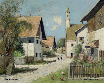 Otto Hellmeier, 1908-1996 Weilheim, Dorfstraße Raisting-Sölb, rückseitig so betitelt, Öl/Hartfaser , links unten signiert, ca. 40x50cm, R. ca. ...