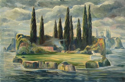 Fritz Lederle, 1901-1975 Ludwigshafen, Motiv nach Arnold Böcklin, Öl/Lwd, links unten signiert und dat. 1925, ca. 67x100cm, R. ca. 80x114cm