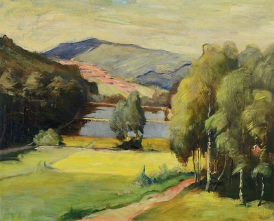 Ernst Pfau, 1879 Bad Wimpfen-1965 Bad Dürkheim, Landschaft, Öl/Lwd, rechts unten signiert, rückseitig ebenfalls mit dem selben Motiv bemalt und ...