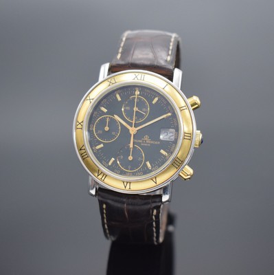 BAUME & MERCIER Baumatic Herrenarmbanduhr mit Chronograph in Stahl/Gold, Schweiz um 1990, Automatik, Ref. 6104.018, Boden aufgedr., orig. Lederband ...