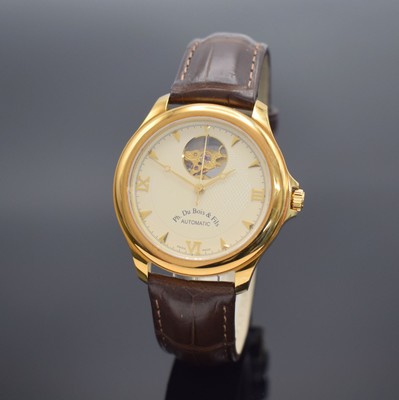 PH. DU BOIS & FILS Herrenarmbanduhr in GG 750/000, Schweiz um 2005, Automatik, beids. vergl. Geh., Boden aufgedr., orig. Lederband m. orig. verg. ...