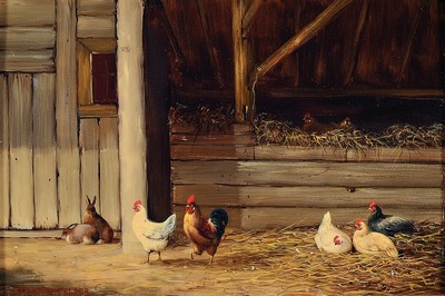 Fred Johannes Frauenfelder, geb. 1945, Im Hühnerstall, links unten signiert, Öl/Holz, Rahmen, 30x38 cm