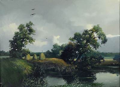 Ryszard Woityna, 1926 Warschau - 1990, Studium an der Staatlichen Hochschule für Bildende Künste Warschau, Teich- u. Erntelandschaft, wohl ...