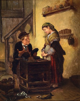 Zwei Niederländische Traditionalisten, Ende 19. Jh., Zwei Genreszenen: a. beim Schuhmacher, rechts unten signiert, min. Lwd. -Schaden; b. beim ...