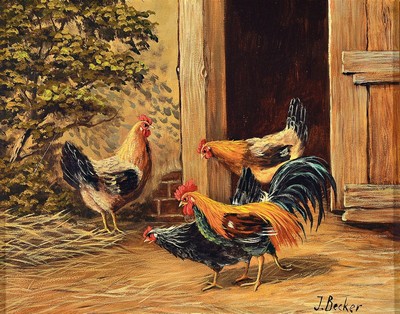 Johan Becker, 1870 - 1945, Federvieh auf dem Hof, rechts unten signiert, Öl/Holz, Rahmen, 36x42 cm