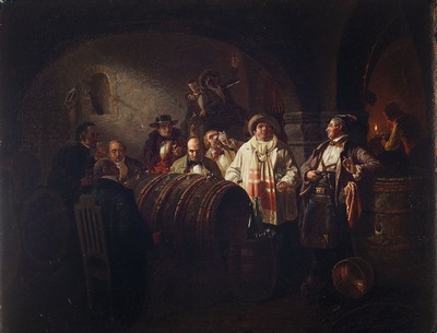 Unbekannter Künstler in der Nachfolge Johann Peter Hasenclevers, 19.Jh., Weinprobe, Herrengruppe aus fein differenzierten Charakteren, detaillierte ...