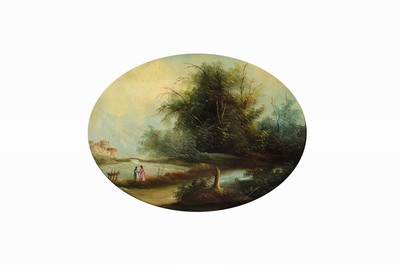 E. Bell, wohl England, 2. Hälfte 19. Jh., Landschaft mit Paar am Ufer, großer Baumgruppe und Stadtkulisse im Hintergrund, Öl/Kupfer, rechts unten ...