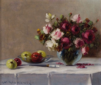 Keist Vukovic, 1897-1973 Tschechien, 3 kleine Blumenstillleben in Öl/Malkarton, alle signiert, 1x Rosen, Äpfel und Messer auf Tisch, ca. 12x14cm; ...