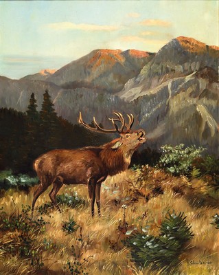 Josef Schmitzberger, 1851 - 1936, röhrender Hirsch in Berglandschaft, Öl/Lwd, bez. auf Etikett "Der Alpenkönig", 66 x 53 cm,Rahmen
