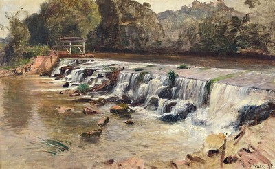 Hermann Schnee, 1840 Treuenbrietzen - 1926 Berlin, Schüler der Düsseldorfer Akademie bei Oswald Achenbach, hier: Flusslandschaft mit Wasserfall, ...