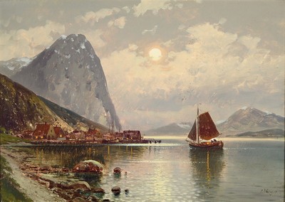 Lothar Michael Bürger, 1866 Wien - 1943 Kirchstetten, Fjordlandschaft im Mondschein, Öl/Lwd, signiert, ca. 47 x 66 cm, Rahmen ca. 59 x 77cm