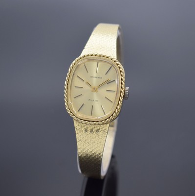 DUGENA Flair Damenarmbanduhr in GG 585/000, Deutschland/Schweiz um 1970, Handaufzug, 2- teil. Geh., Boden aufgedr., Milanaiseband in GG 585/000, ...