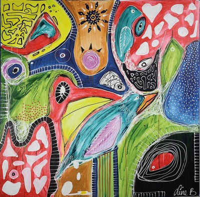 Line B., zeitgenössische dänische Künstlerin, Abstrakte Komposition mit Vögel,Acryl auf Lwd, rechts unten signiert, ca. 100x100cm