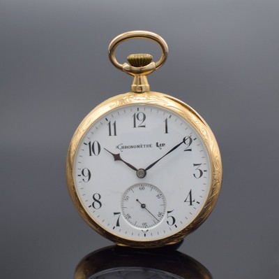 LIP CHRONOMÈTRE offene Herrentaschenuhr in RG 750/000, Frankreich um 1910, floral grav. 2 -Deckel-Goldgeh., Emailzifferbl. bez. "Chronomètre ...