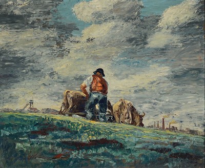 Unleserlich signiert, deutsch, 1930er/1940er Jahre, Pflügender Bauer mit Ochsengespann, im Hintergrund rauchende Industrieschlote und ein Kran, ...