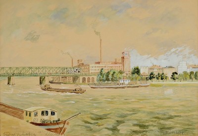 Fritz Langen, Maler der Mitte des 20. Jh., Blick über den Rhein auf die Walzmühle von Ludwigshafen, Aquarell auf Papier, sign. und betitelt, ca. ...
