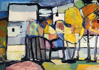 Fryderyk Antoni Hayder, 1905-1990, Häuser hinter Bäumen, Öl/Lwd, links unten signiert und dat. 81, ca. 50x70cm, R. ca. 53x 73cm