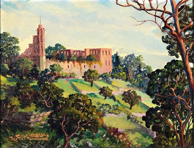 August Friedrich Kirsch, 1882 Edenkoben-1949 Neustadt a.d. Weinstraße, Blick auf die Limburg, Öl/Malkarton, signiert, ca. 33x42cm, R. ca. 45x54cm