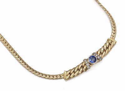 14 kt Gold Saphir-Brillant-Collier, GG 585/000 (gepr.), gedrückte Flachpanzerkette, Mittelteil mit rundfacett. Saphir ca. 0.85 ct und 8 Brillanten ...