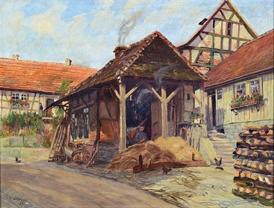 G. Limpert, Maler des frühen 20. Jh., Blick in einen Bauernhof, Öl/Lwd, links unten signiert, kleinere Farbabplatzungen, ca. 46x60cm, R. ca. 54x68cm
